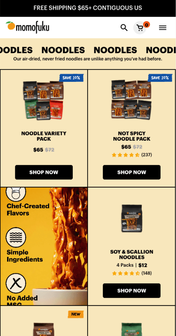 Mobile product grid featuring Momofuku noodles and pantry staples