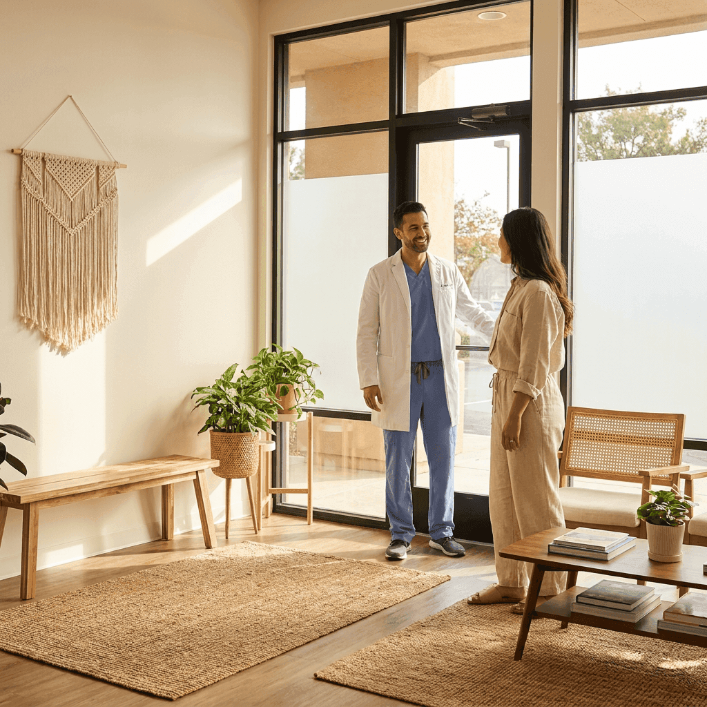 a doctor welcomes a patient to his practice