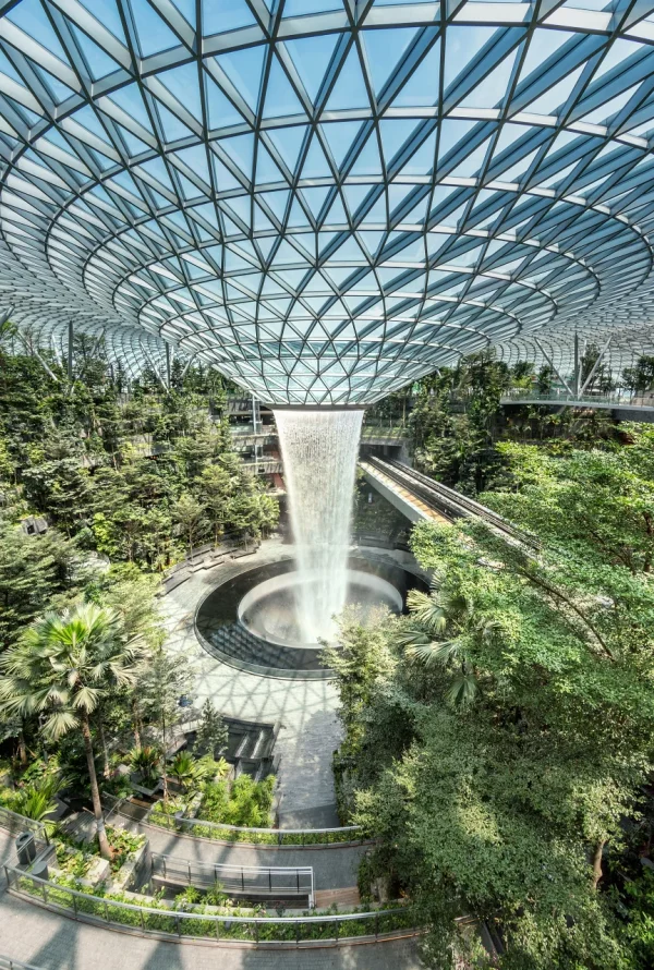 Indoor waterfall at Jewel Changi Airport sponsored by HSBC