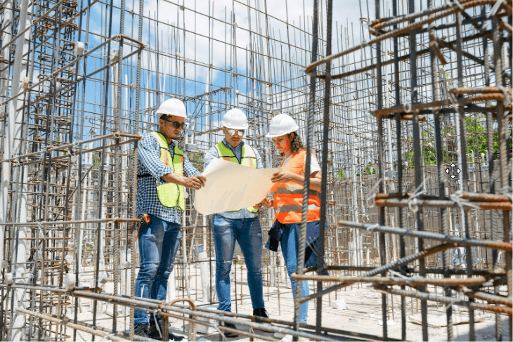 A group of project leaders looking at construction plans on site
