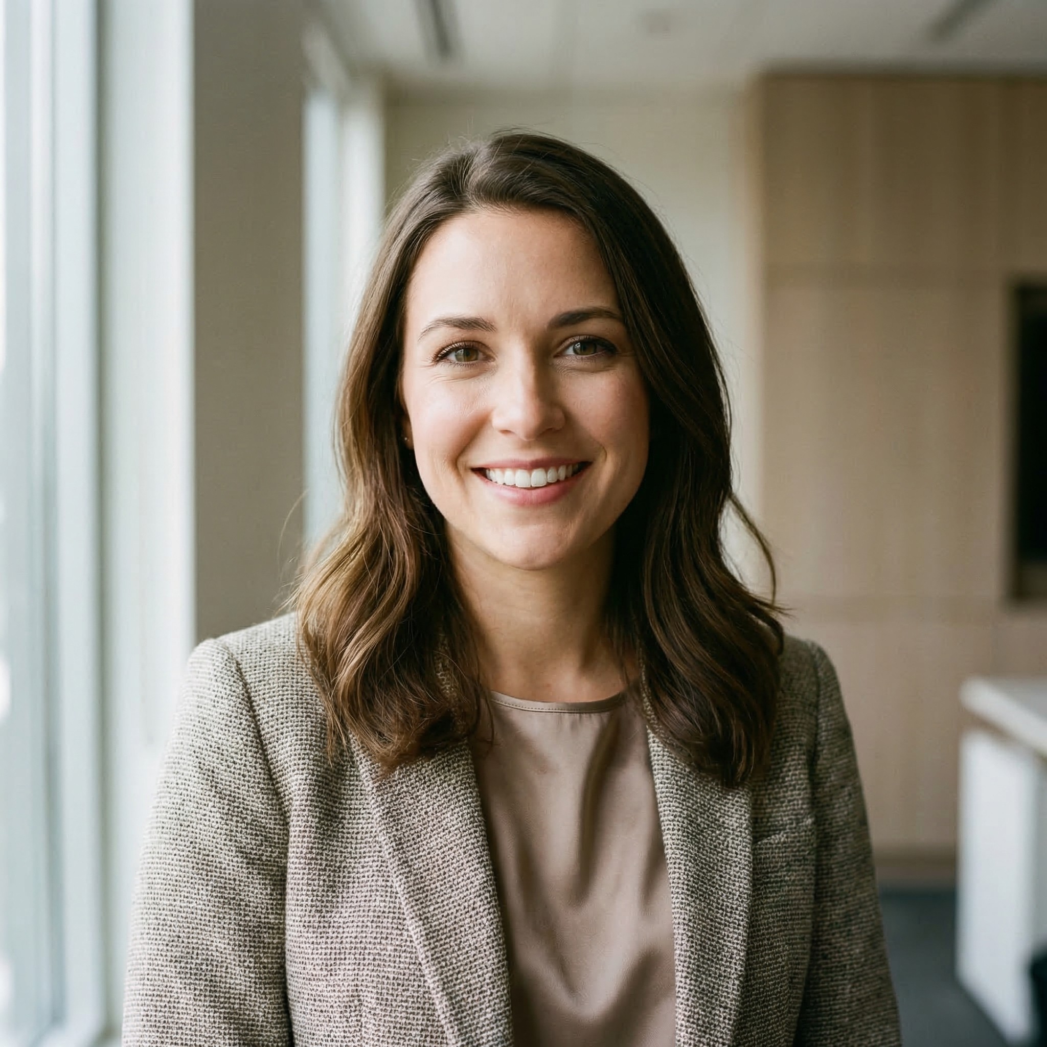 Portrait of a smiling woman with brown hair in a textured blazer, standing in a bright office.