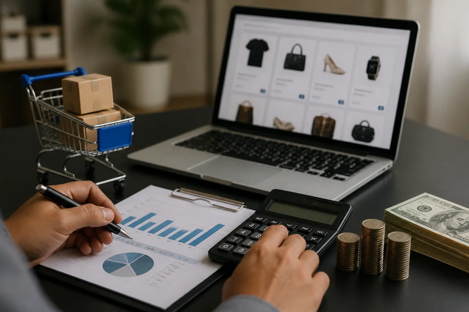 Business Setup Cost in Dubai for E commerce beside an itemised cost breakdown with stacked