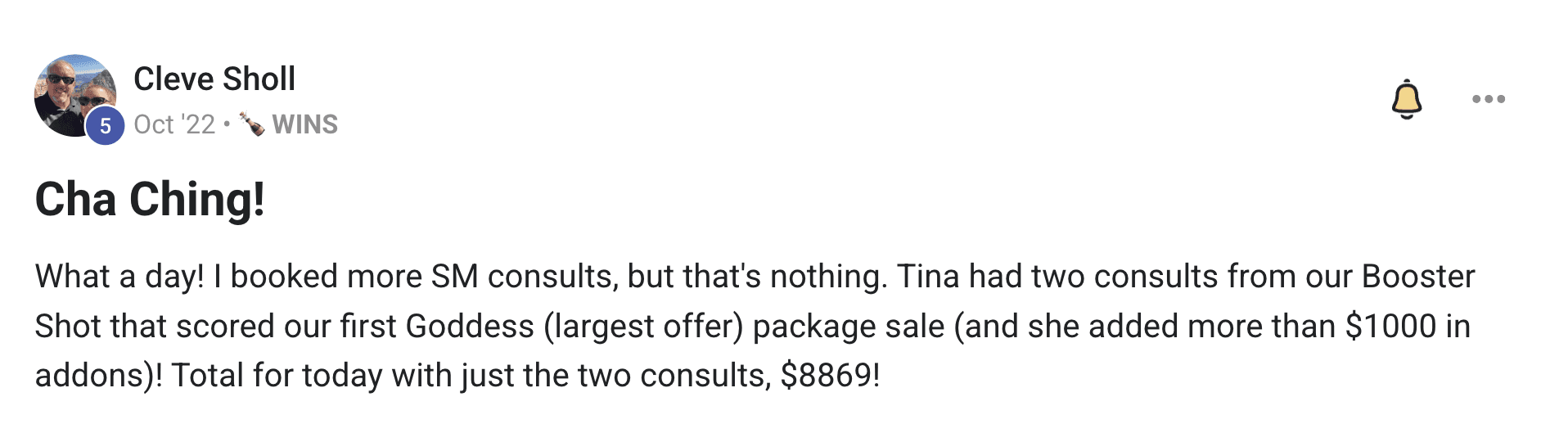Forever Booked results showing Aesthetic Solutions $8,869 single-day revenue including first Goddess package sale in October 2022
