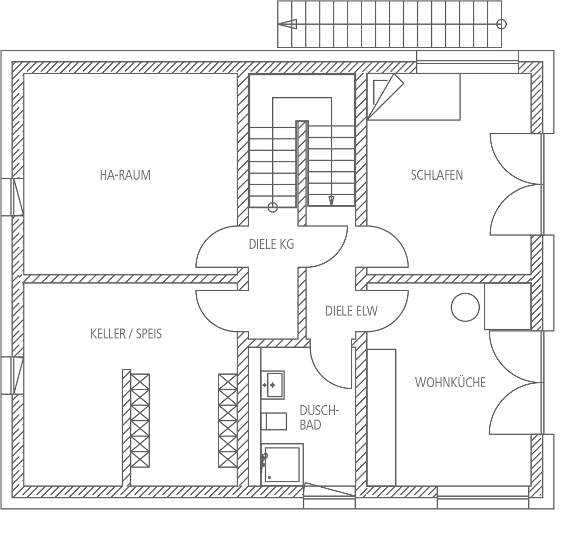 Grundriss eines Hauses mit Räumen wie HA-RAUM, KELLER/SPEIS, DIELE KG, SCHLAFEN, DIELE ELW, WOHNKÜCHE und DUSCH-BAD.