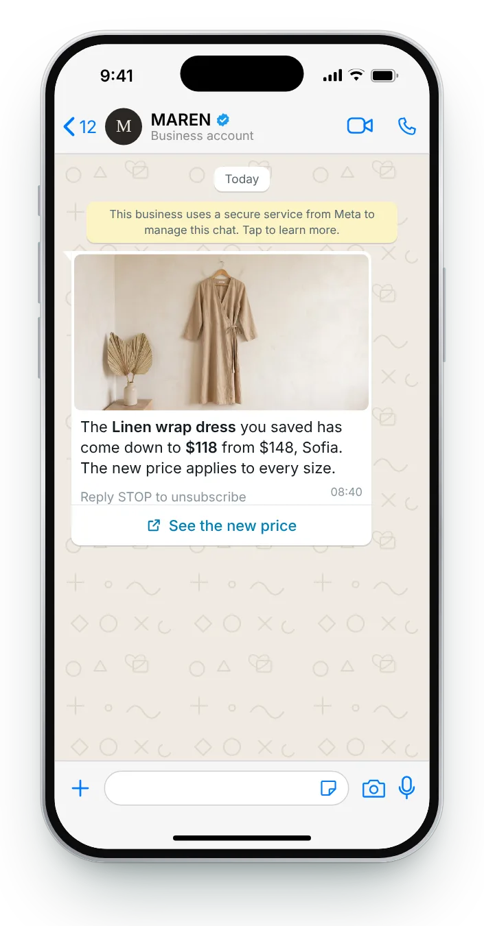 A saved dress, now for less: WhatsApp price drop message on an iPhone