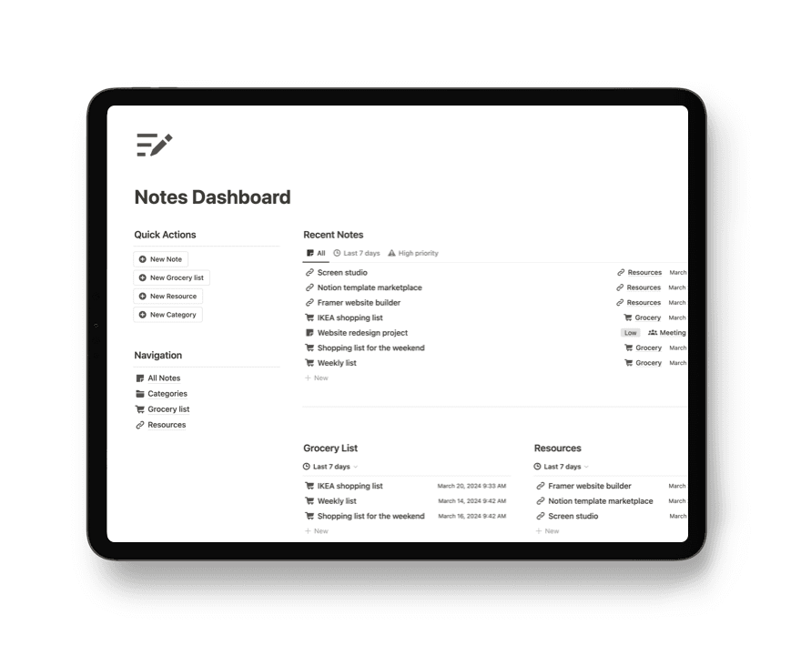 Notion Notes Dashboard