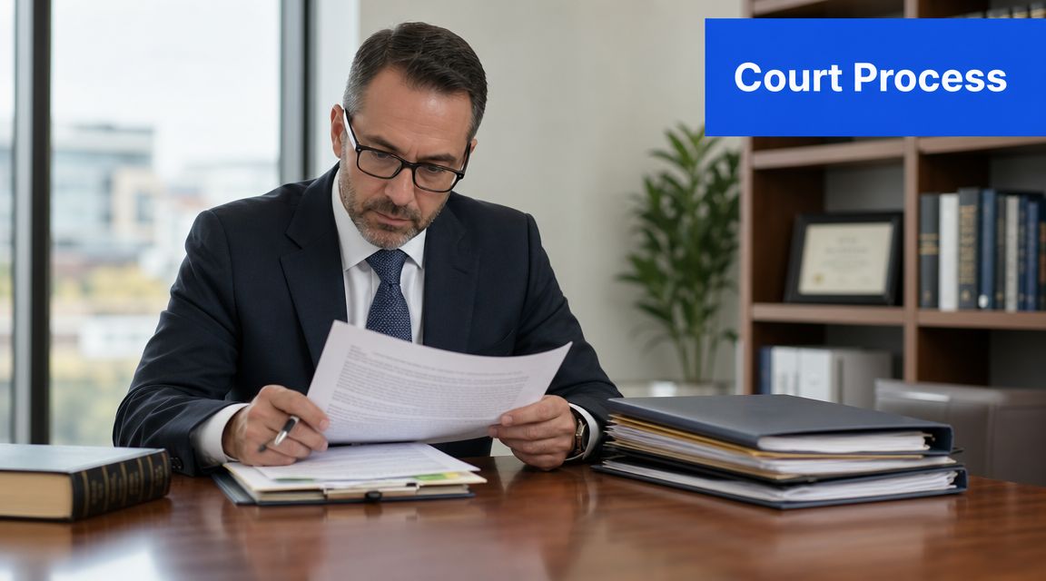 A professional lawyer in a suit reviewing legal documents at his desk in an office.