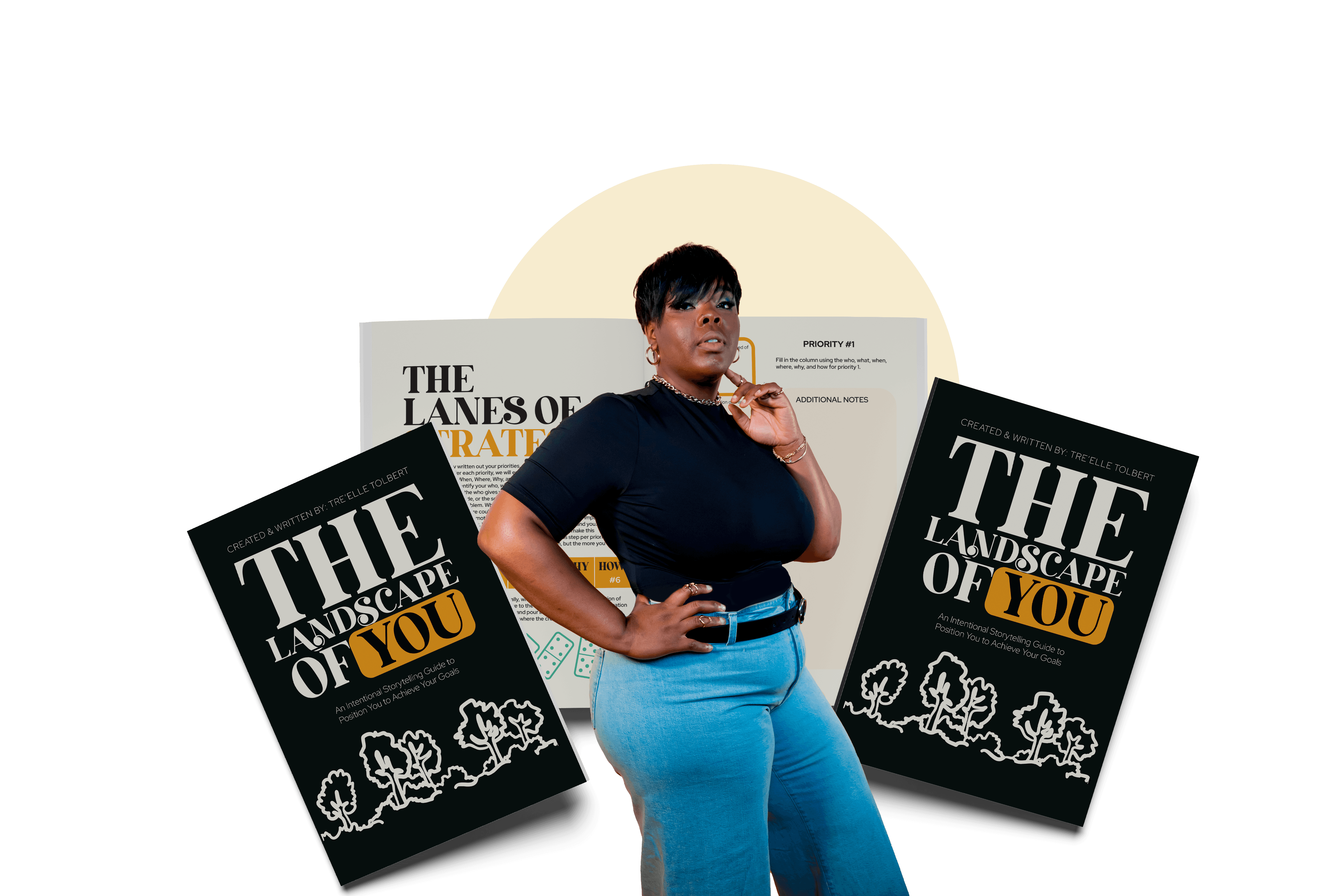 Promotional image featuring Tre'elle posing with two copies of the book, "THE LANDSCAPE OF YOU."