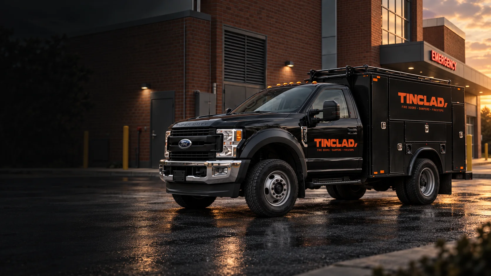 Tinclad service truck parked at a hospital emergency entrance at dusk