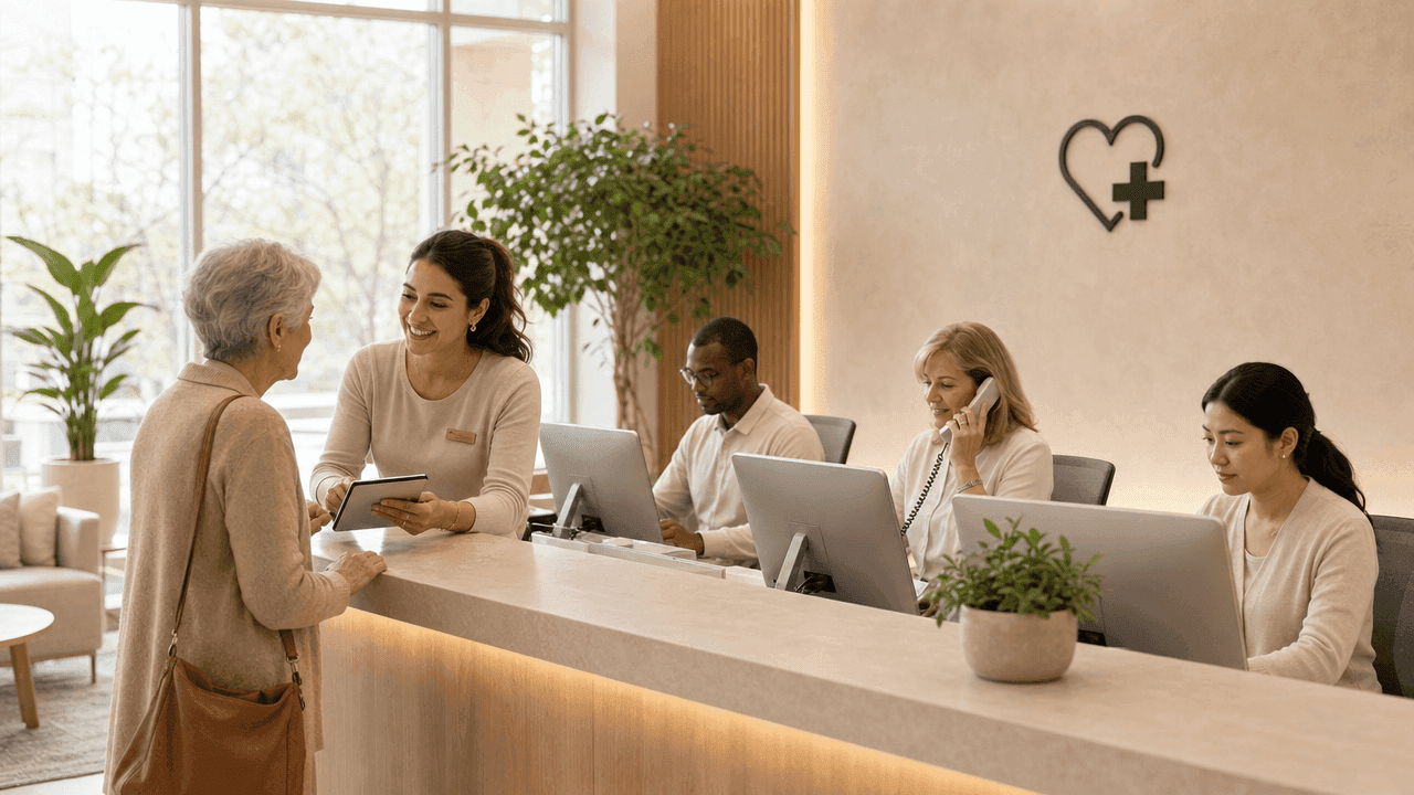 team of healthcare workers helping patients on phone, chat and in person