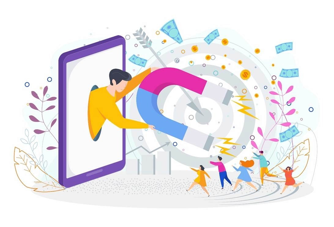 Illustration of a social media influencer using a magnet to attract customers and revenue