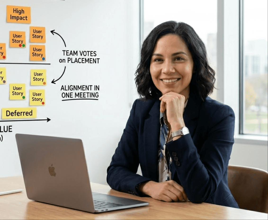 Scrum Master verwendet einen Matrix-Maker für die Sprint-Planung und Priorisierung nach Aufwand gegen Wert