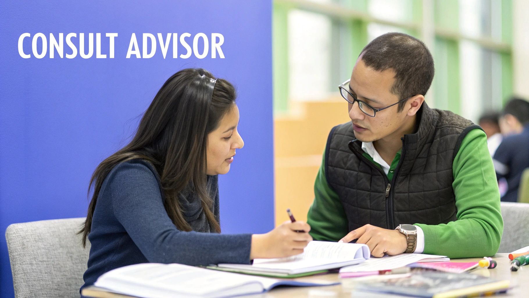 Three diverse students sitting at a table talking with an academic advisor.