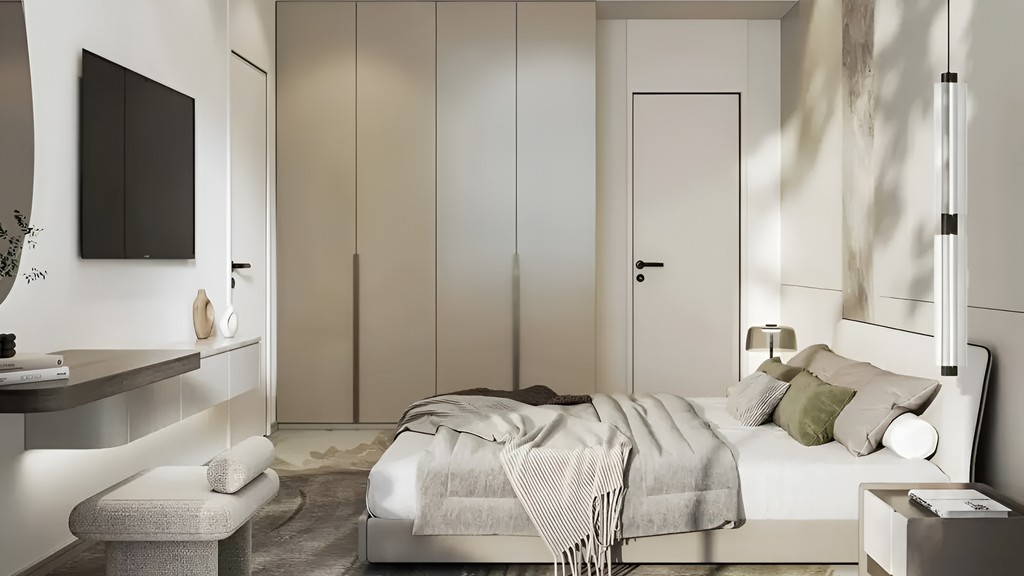 Stylish bedroom with a large window overlooking tranquil waters, located in the Azizi Wasel development by Azizi Developments.