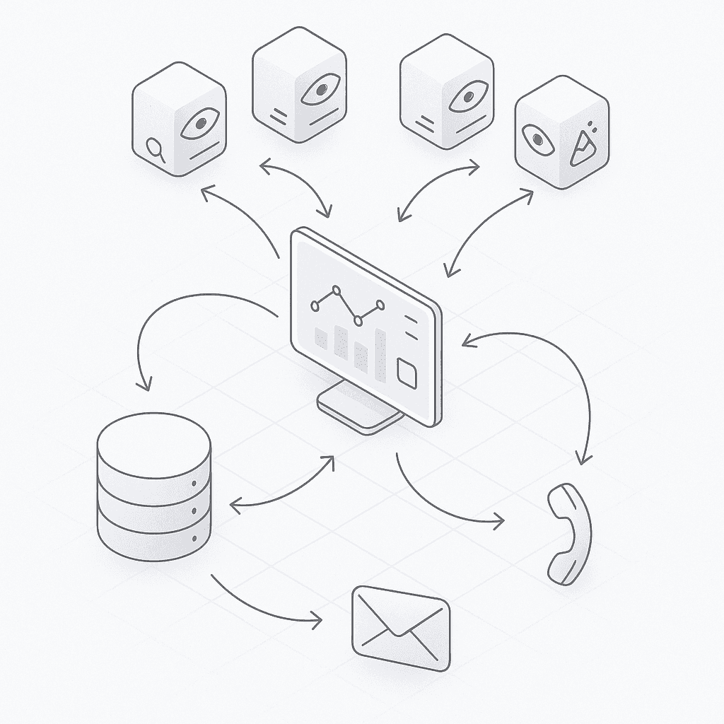 Abstract workflow diagram showing AI search data flowing through an AEO platform into a bi-directional CRM system.