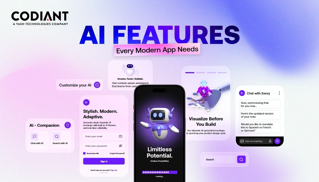 Overview of AI features like chatbots, customizable UI, and dynamic mockups for modern mobile apps by Codiant.