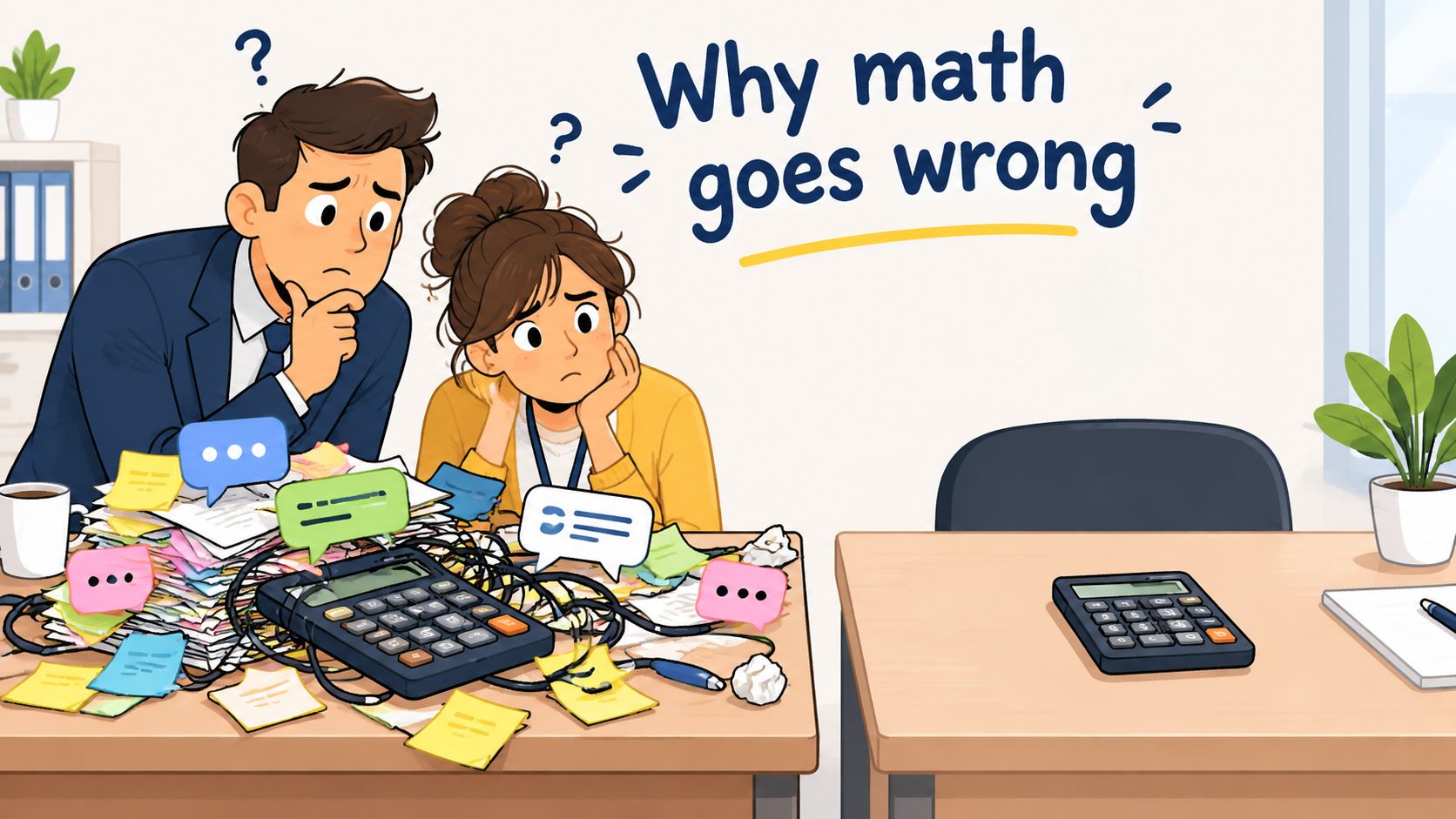 Two stressed employees looking at a cluttered desk filled with paperwork, a calculator, and many sticky notes.