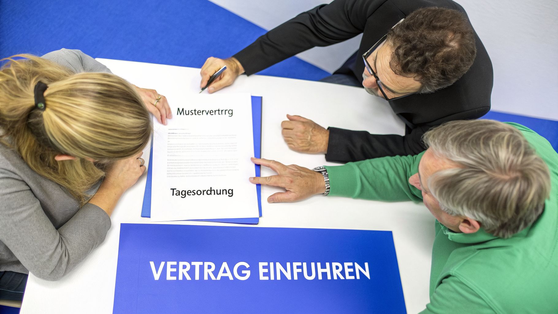 Drei Personen sitzen an einem Tisch und besprechen einen Mustervertrag und die Tagesordnung. Ein Mann unterschreibt das Dokument.