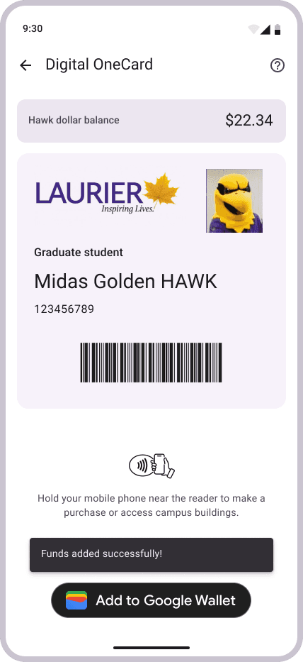 Mid-fidelity design of the Digital OneCard scanning page, featuring a scannable barcode, with instructions for use and a clean, minimal layout.