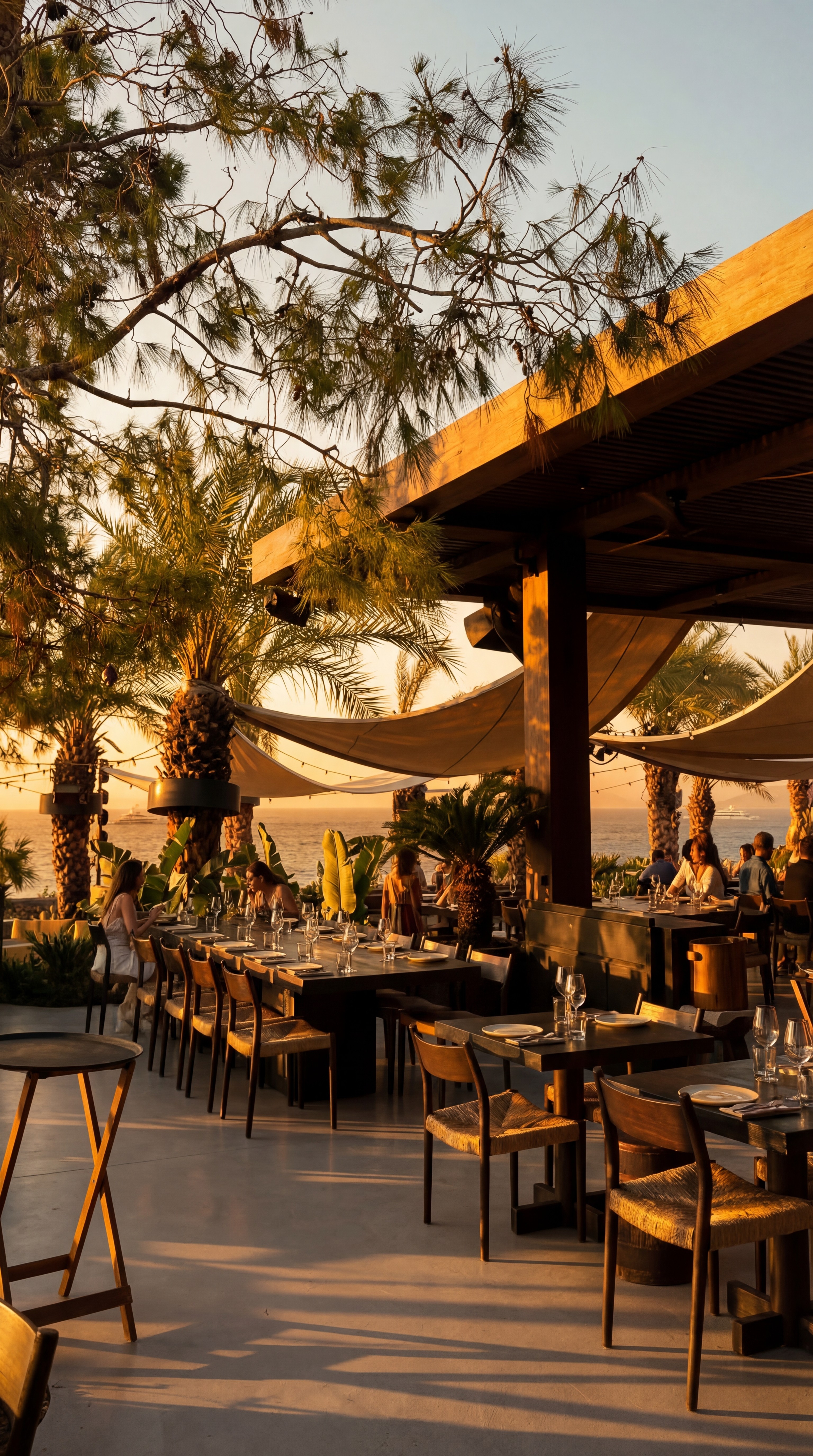 Bodrum beach club terrace with lounge seating, sunset atmosphere, and coastal views