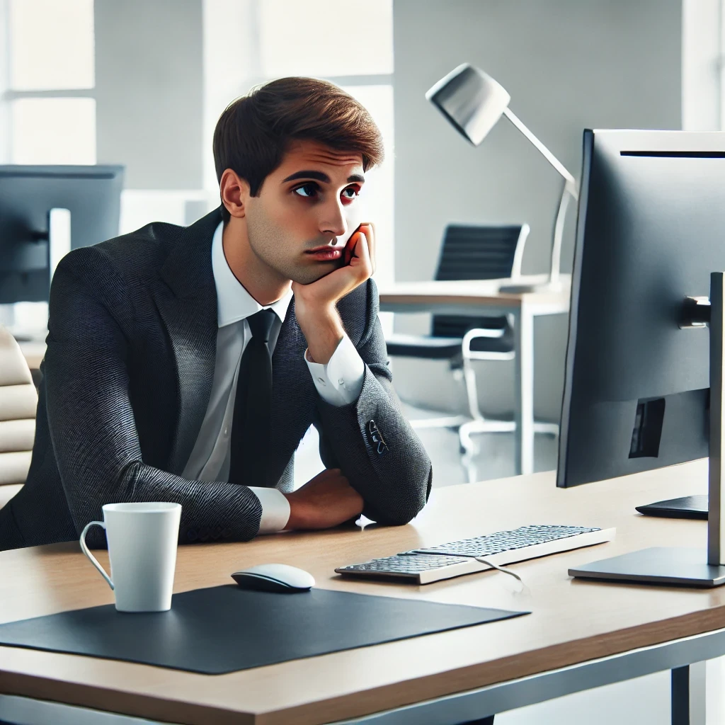 Un empleado aburrido realizando un módulo de eLearning, representando uno de los principales desafíos del eLearning.