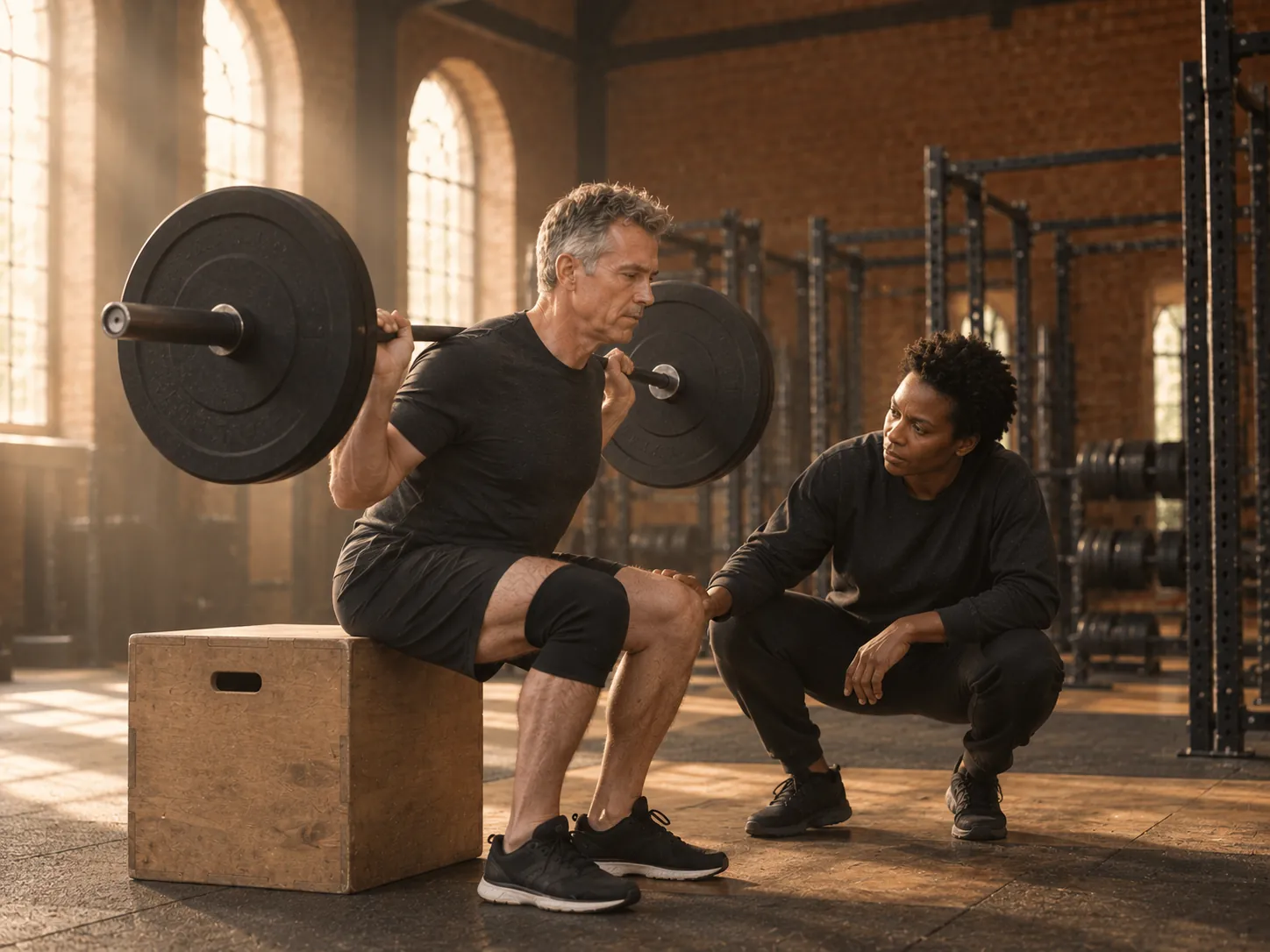 A member walking out a squat while his coach watches