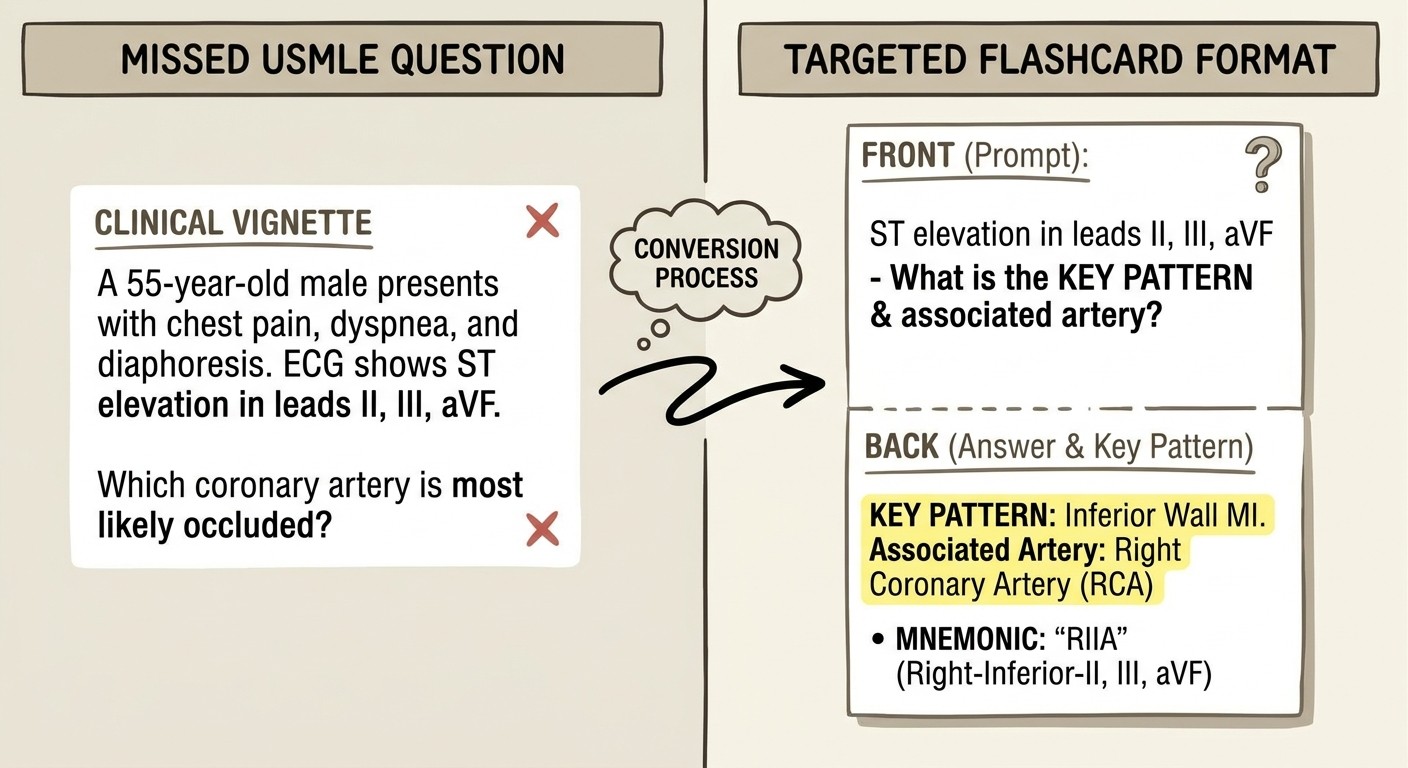 Converting missed USMLE questions into targeted flashcard format