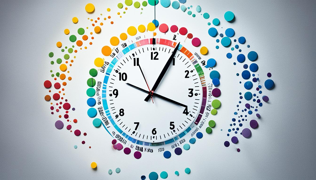 A clock with hands pointing at different times of day, surrounded by colorful circles representing engagement levels at different times.