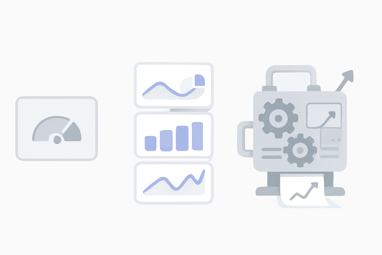 Side-by-side icons comparing basic dashboard, multi-tool stack, and automated engine with rising graphs