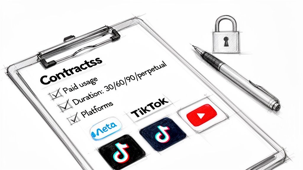 Sketch of a contract outlining paid usage, duration, and social media platforms like TikTok, Meta, and YouTube.