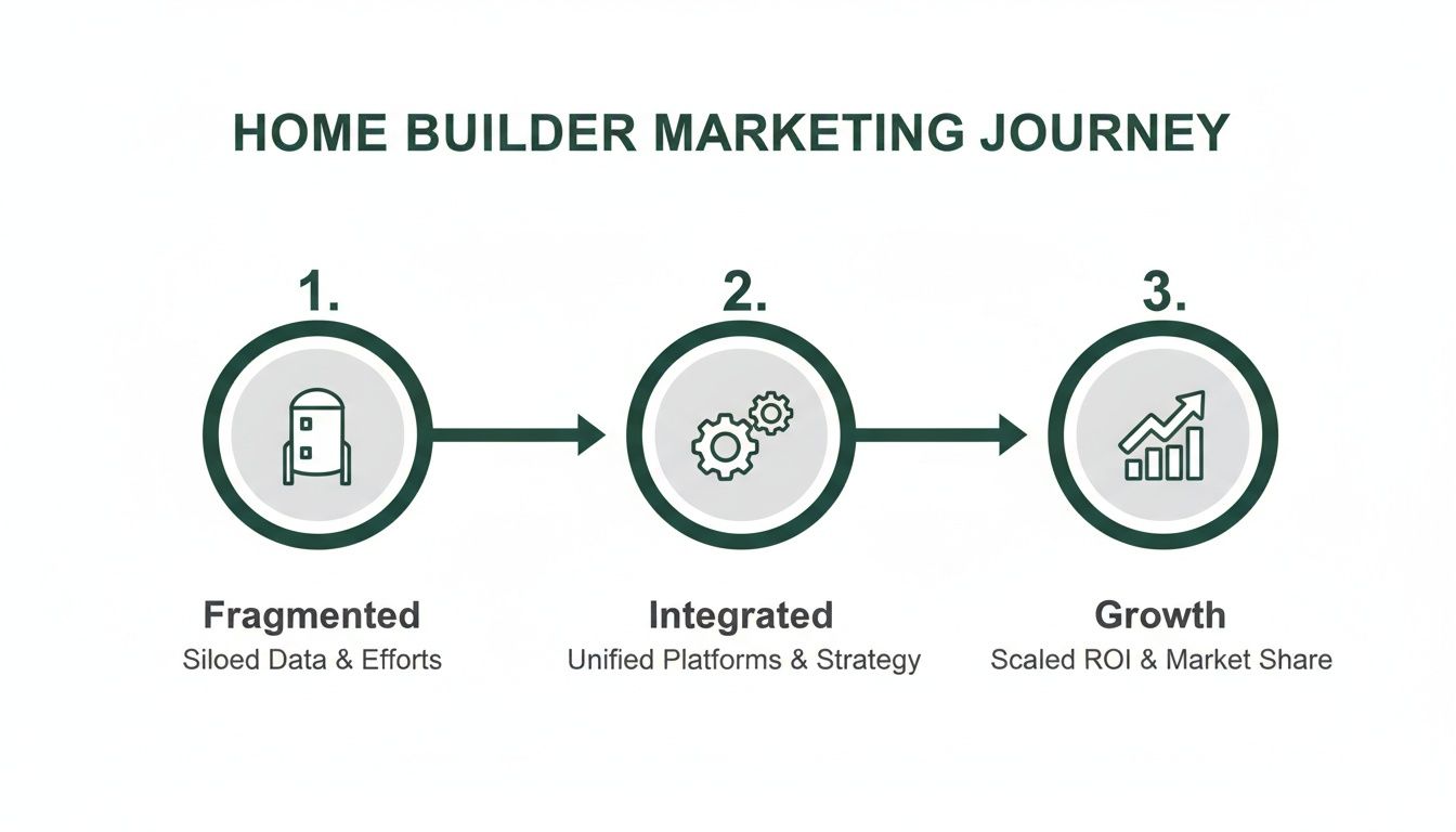 A three-step diagram illustrating the Home Builder Marketing Journey from Fragmented to Integrated to Growth.
