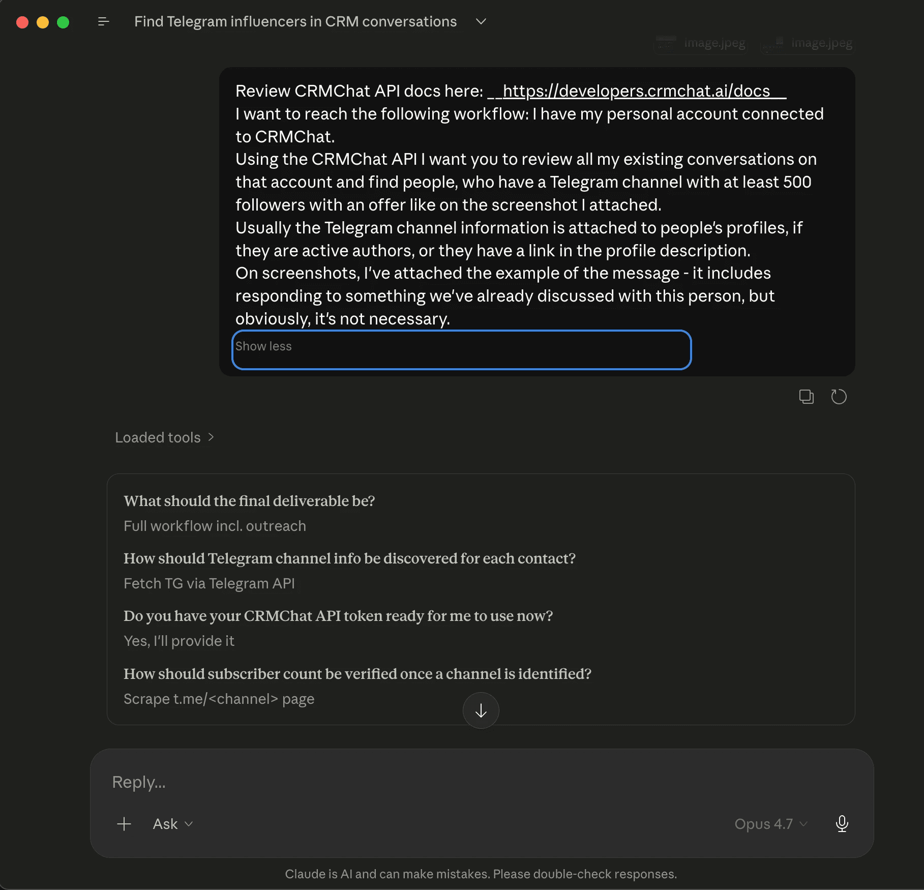 A conversation with AI Agent on using the CRMChat API for personalized Telegram outreach