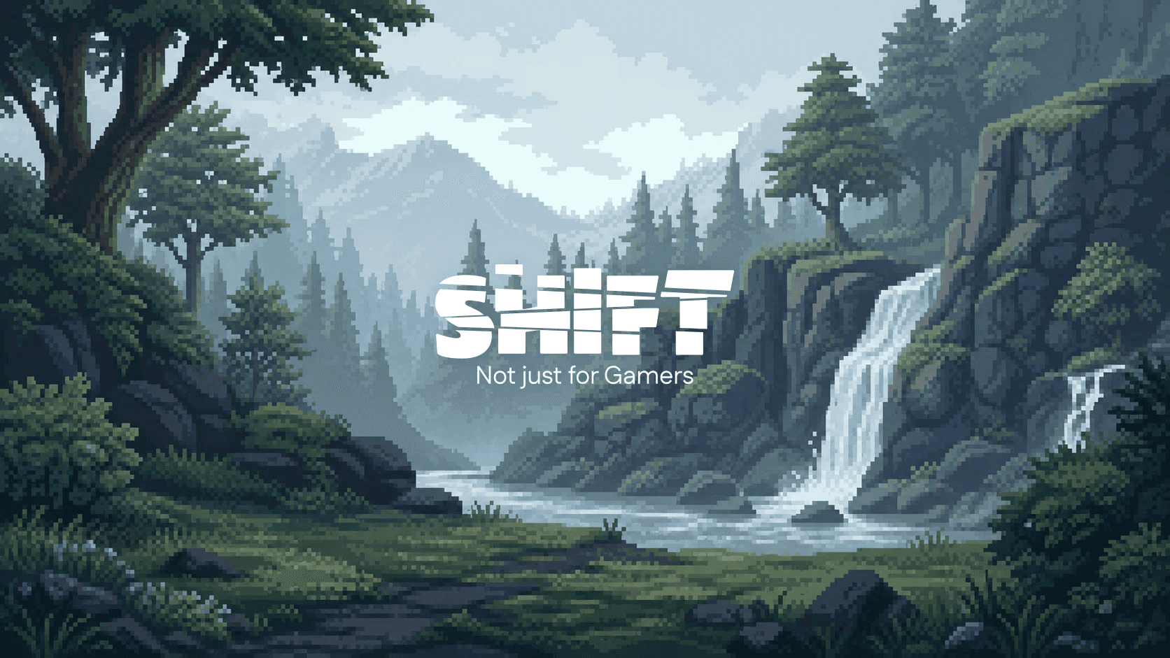 Shift Student Club logo over a pixel-art forest