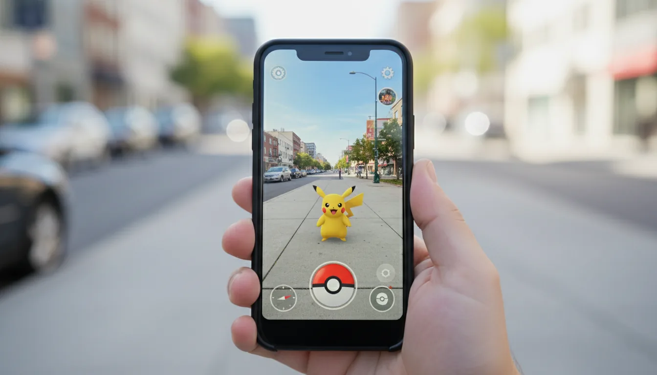 DSLR photography, first-person point-of-view of a hand holding a black smartphone. The screen displays the Pokémon GO augmented reality game interface, showing a small yellow Pikachu character superimposed on the real-world street view. A red and white Poké Ball UI element is at the bottom of the screen. The background is a heavily blurred city street with parked cars, creating a strong bokeh effect under natural daylight, with sharp focus on the phone.