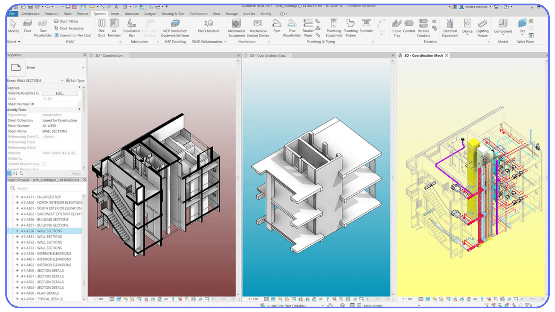Revit coordination views displaying architectural, structural, and MEP systems together