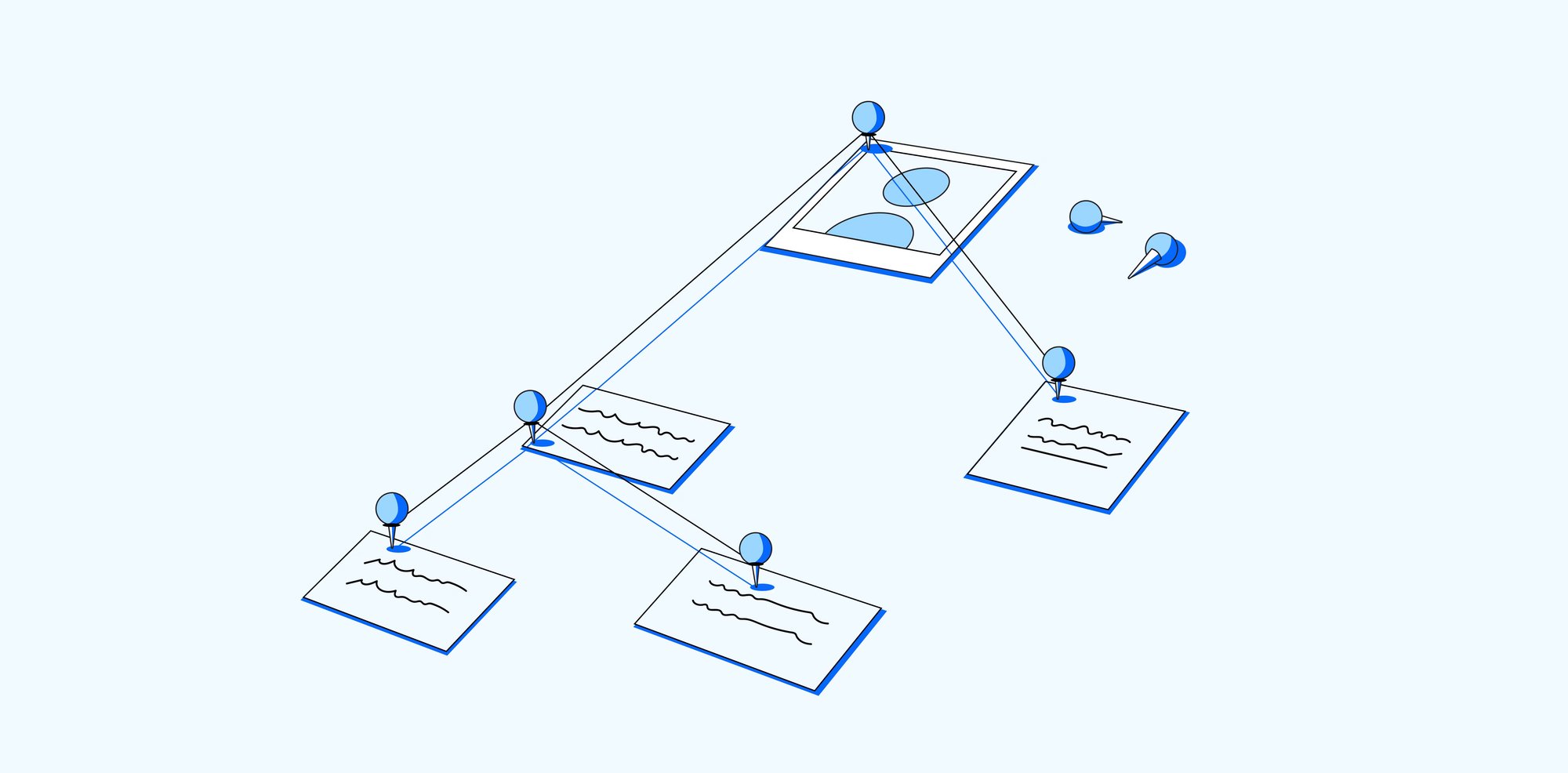 A conceptual diagram showing a hierarchical tree structure, with a screen connected to multiple text documents by lines and pins.