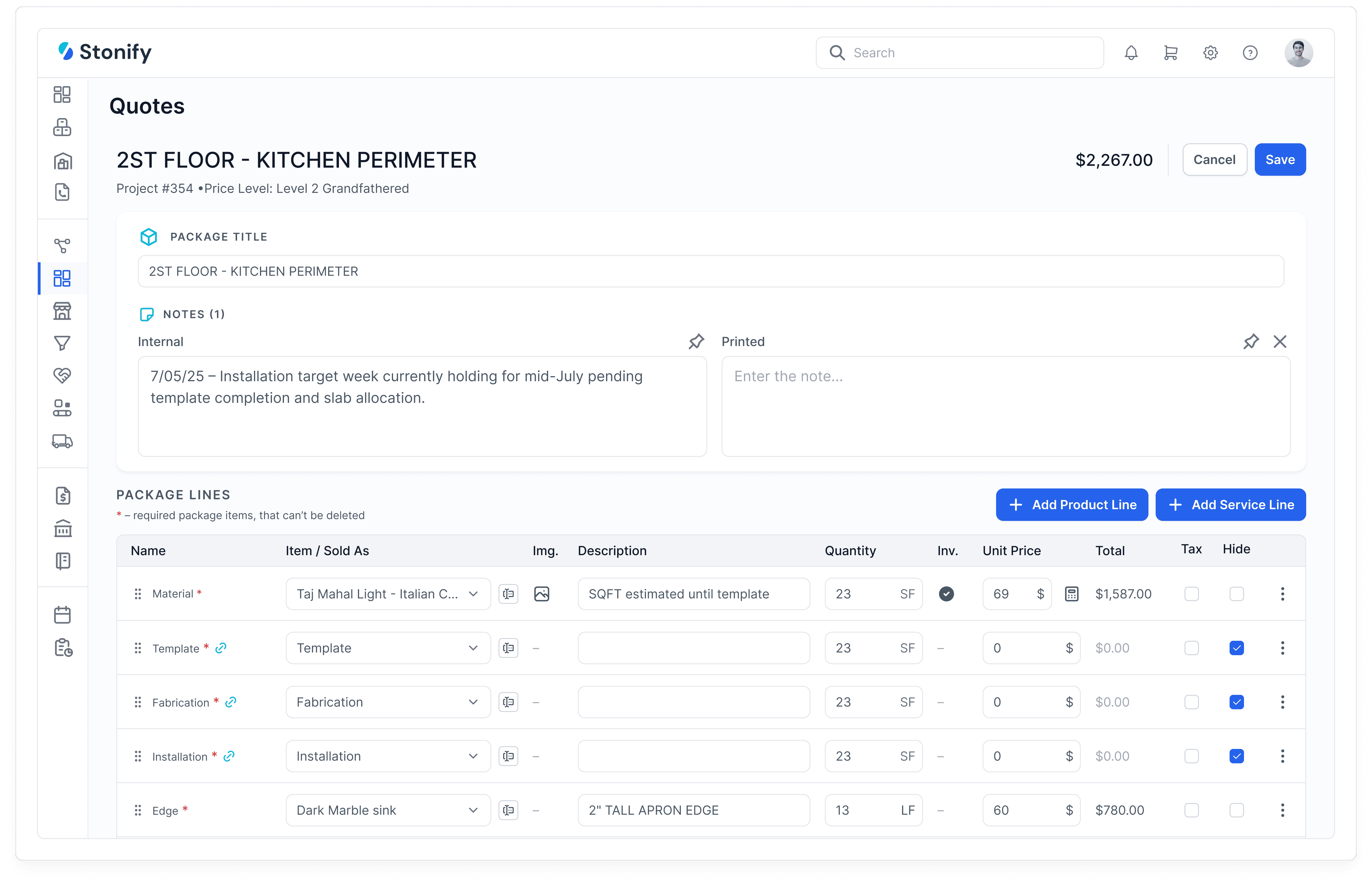 Screenshot of a countertop fabrication software quoting interface showing a kitchen perimeter quote with material selection, square footage calculation, fabrication and installation line items, unit pricing, and total cost inside a fabrication project management dashboard.