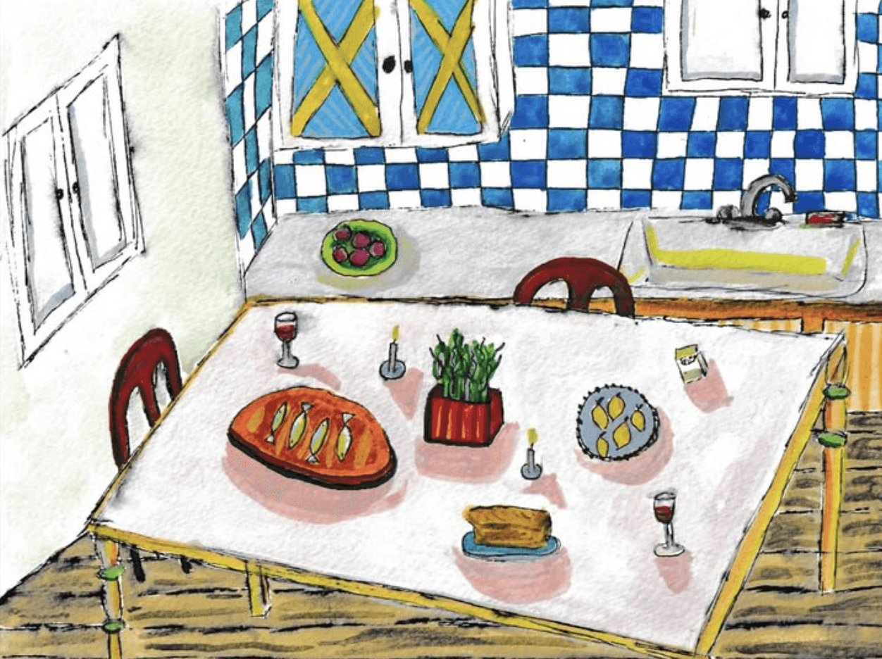 Painting of a checkered blue and white kitchen table with food and plants