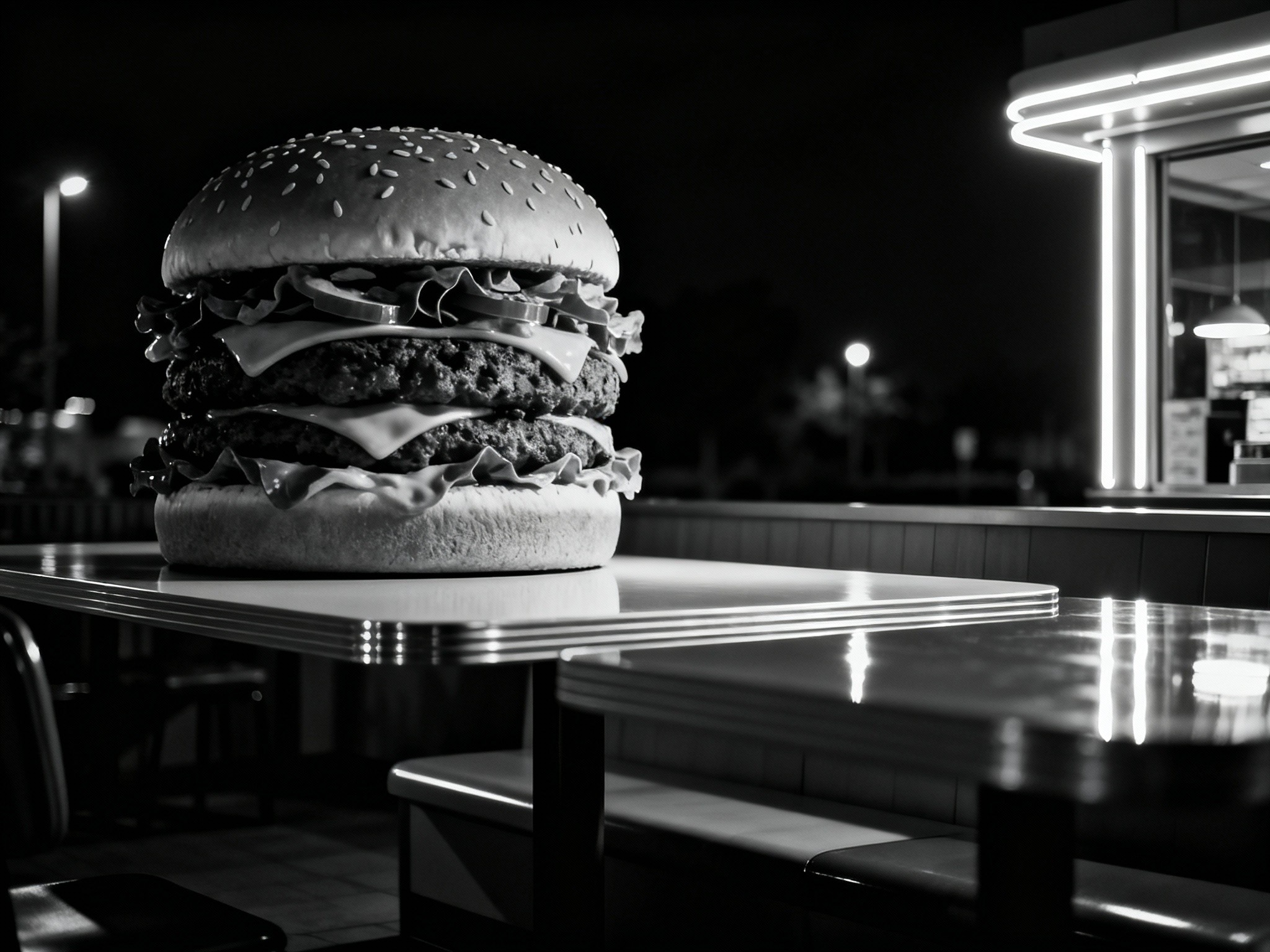 A high-contrast black and white editorial photo of a colossal Big Mac placed on a minimalist modern