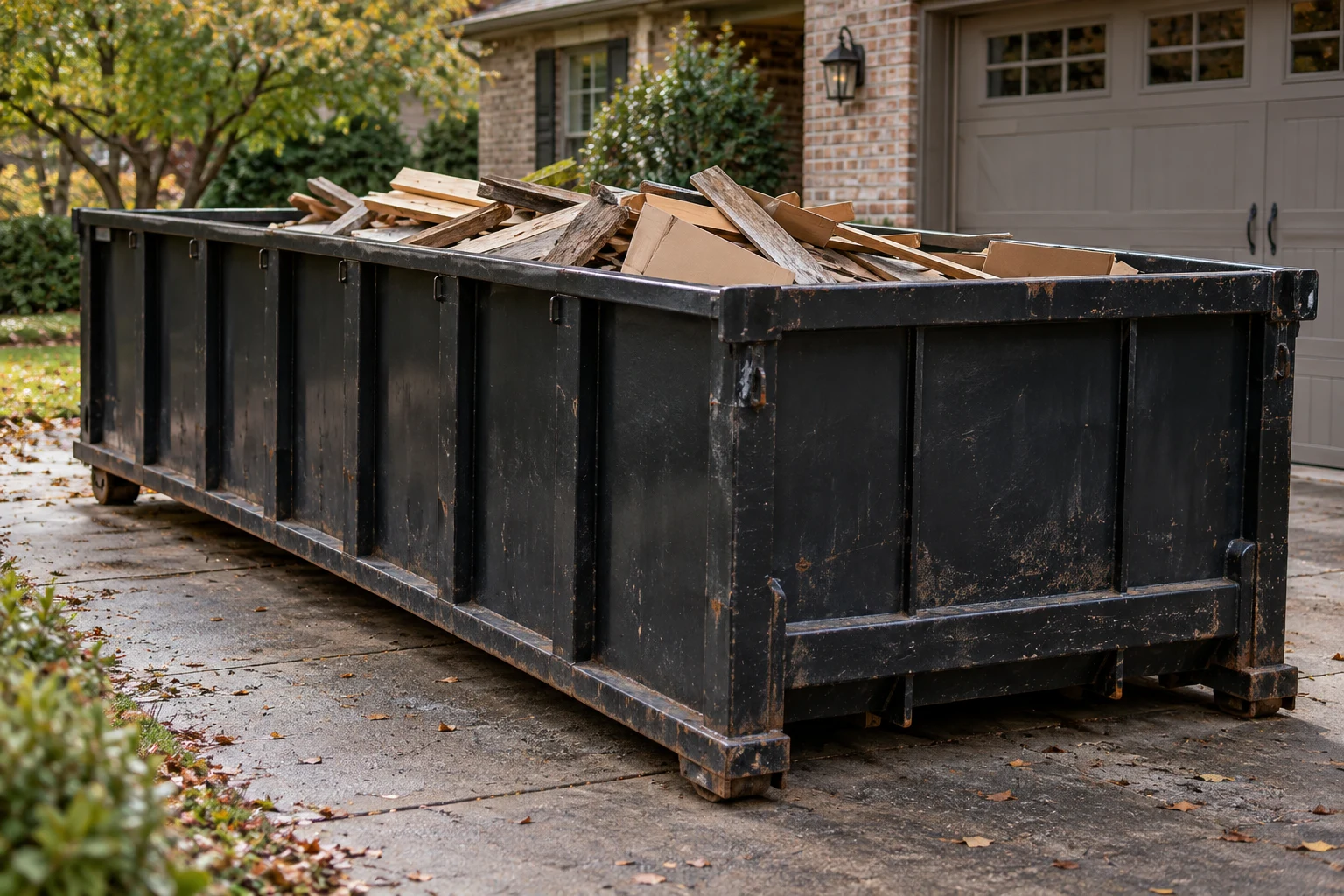An unbranded dumpster containing renovation materials in a driveway.
