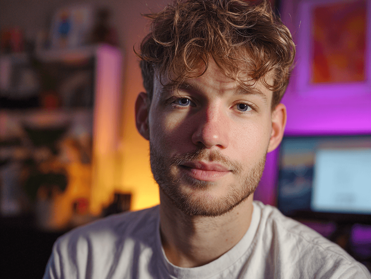 In a softly lit room with warm hues, a person with short, curly hair and a beard looks toward the camera, with blurred background elements including a plant, shelves, and a computer monitor enhancing the cozy atmosphere.