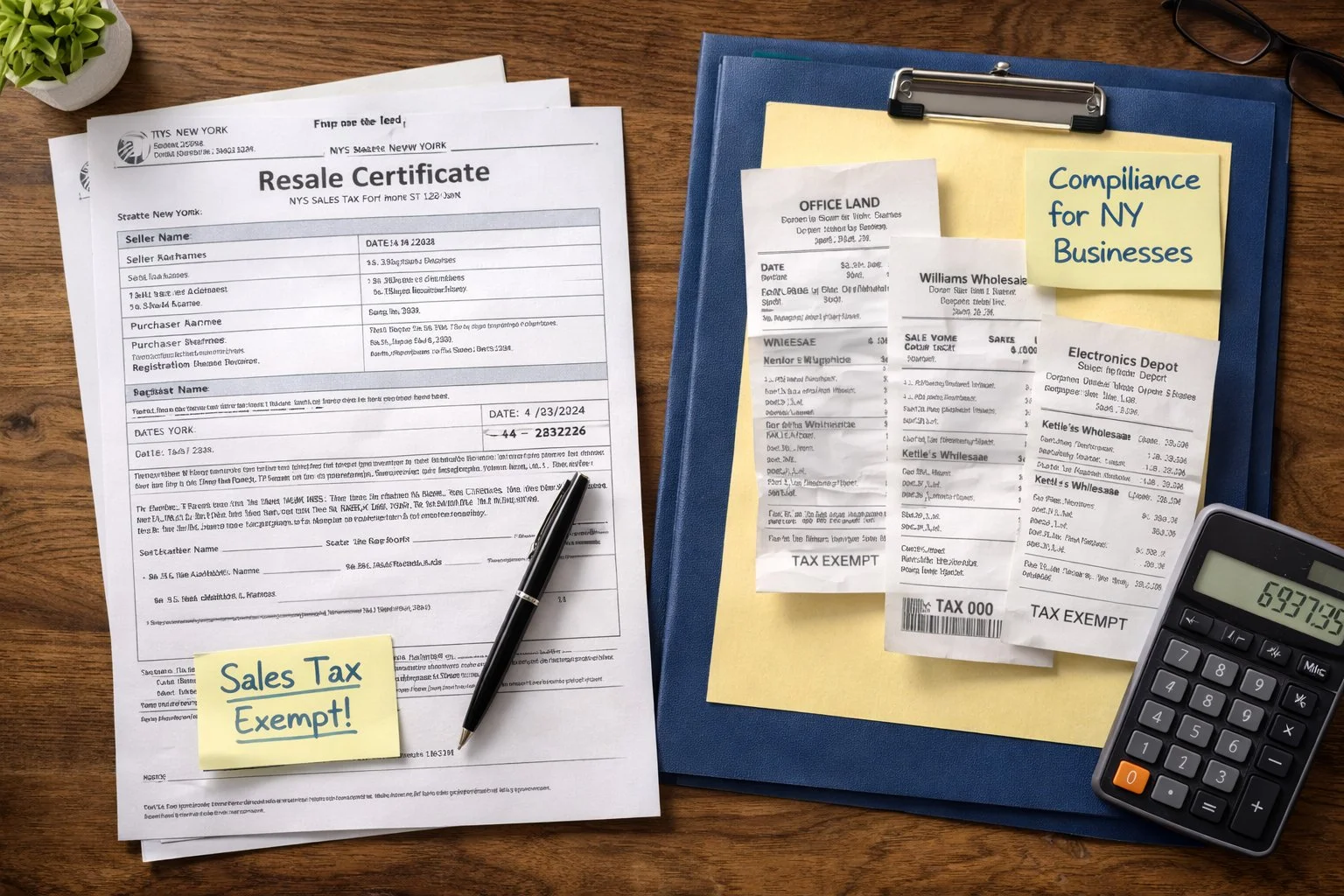 Resale certificates and business purchase receipts neatly arranged on a desk, representing tax compliance for exempt purchases in New York.