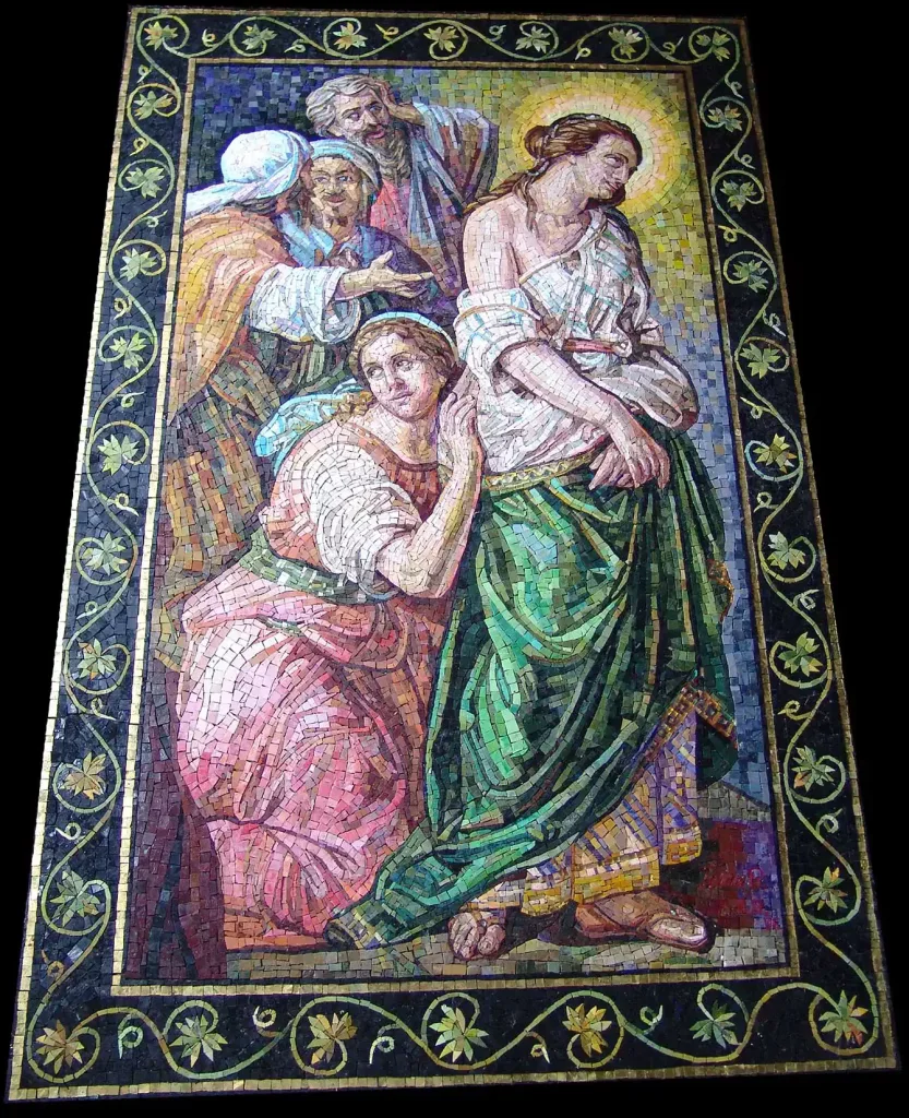 Religious Mosaic Artwork of Mary Magdalene, John 8:7.