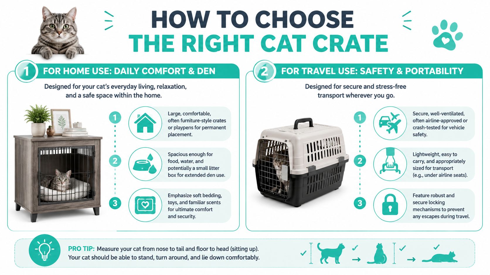 An infographic guiding cat owners on how to choose between home den crates and travel transport carriers.