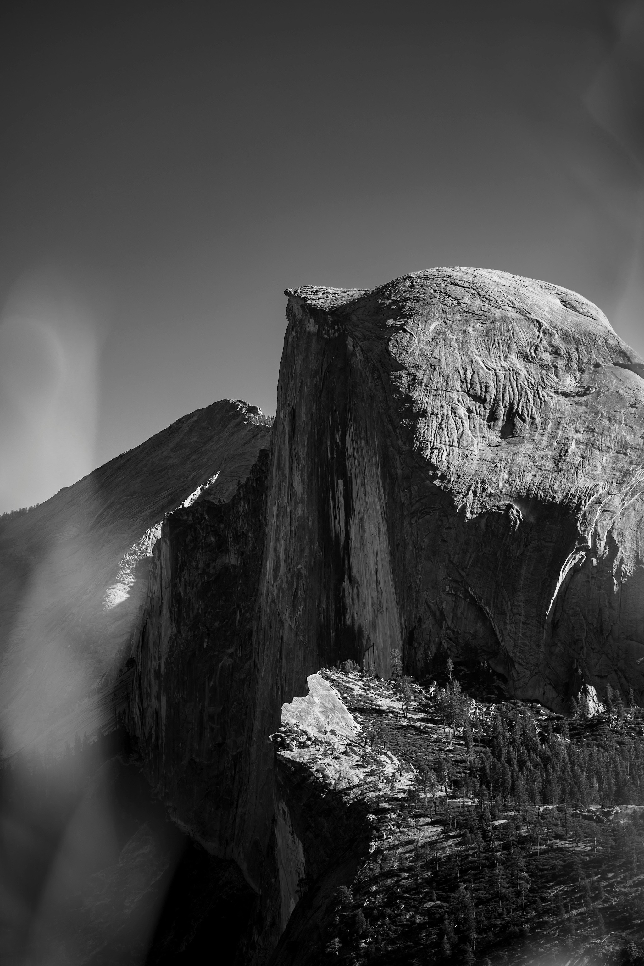 Dramatic black and white view of half dome mountain.