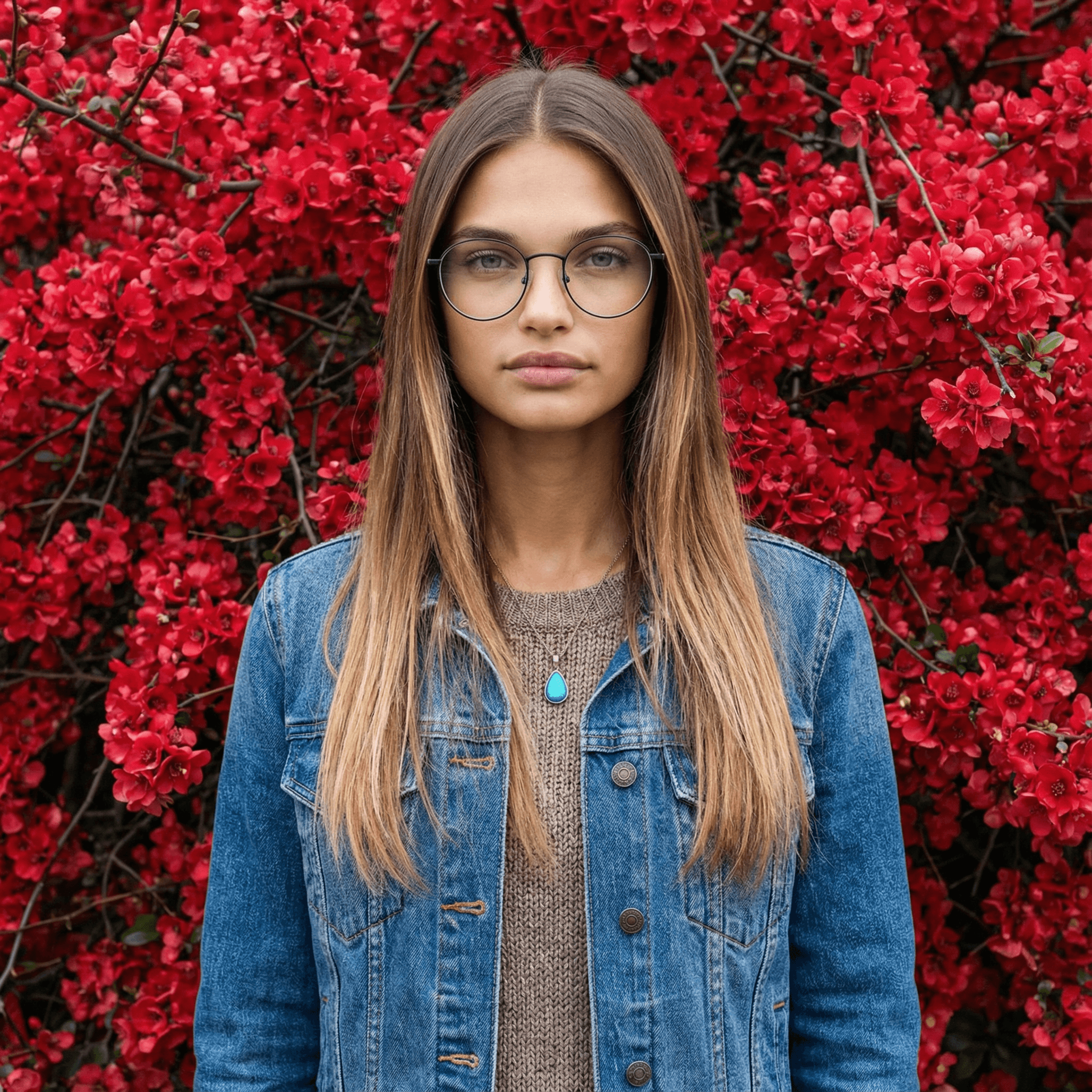 KI-Model im grauen Oversize-Blazer mit blauer Bluse und Brille steht lässig in einer Tür, wirkt modern, ruhig und stilvoll in urbanem Ambiente.
