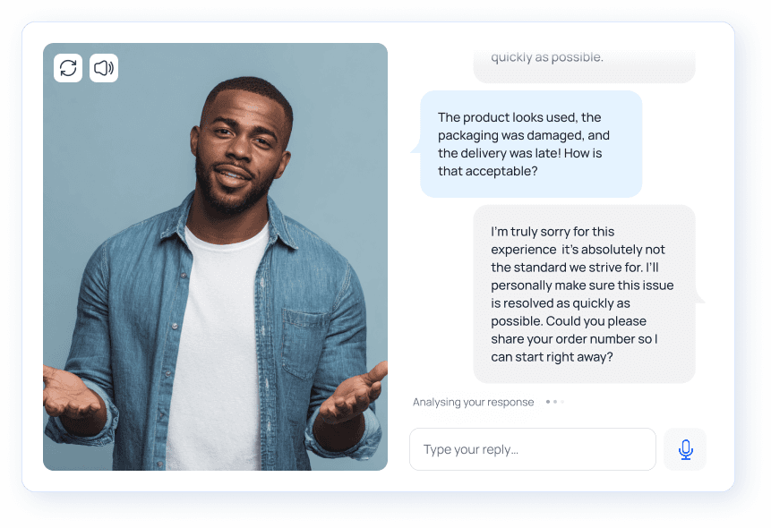 Foxtery AI conversational simulator interface showing a customer complaint scenario with chat responses and real-time feedback analysis.