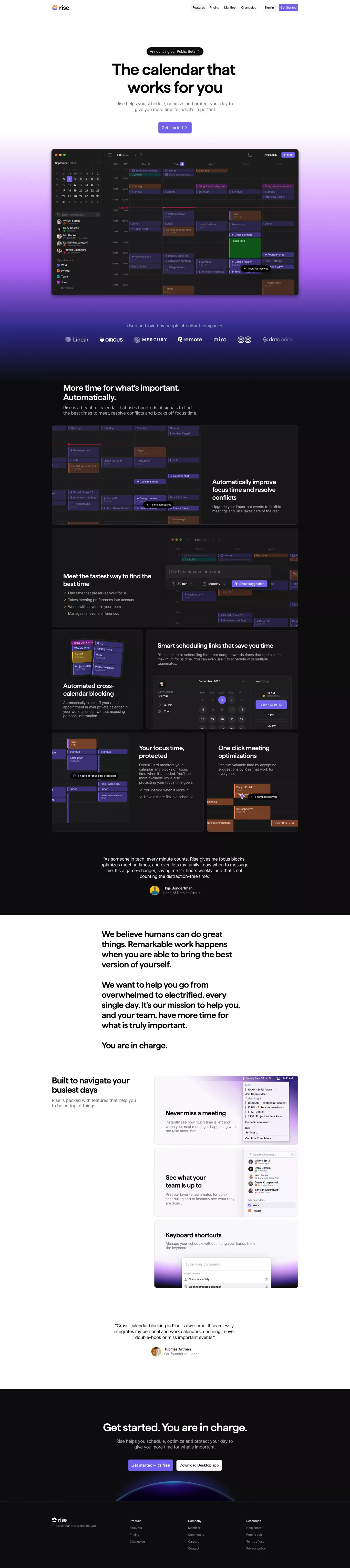 Rise  - The calendar that works for you landing page screenshot showcasing Tech design