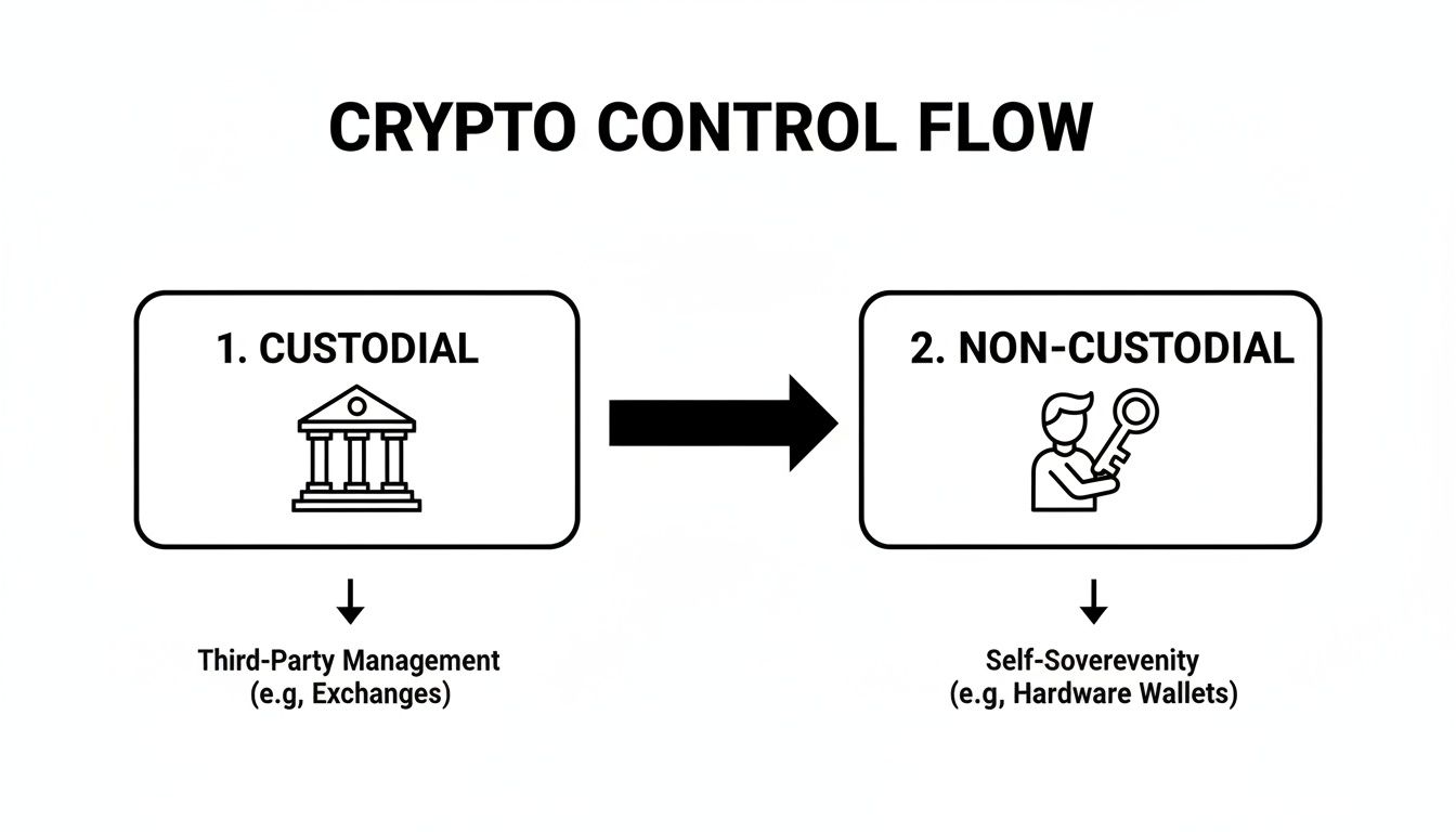 A diagram illustrating crypto control flow, comparing custodial third-party management like exchanges with non-custodial self-sovereignty using hardware wallets.