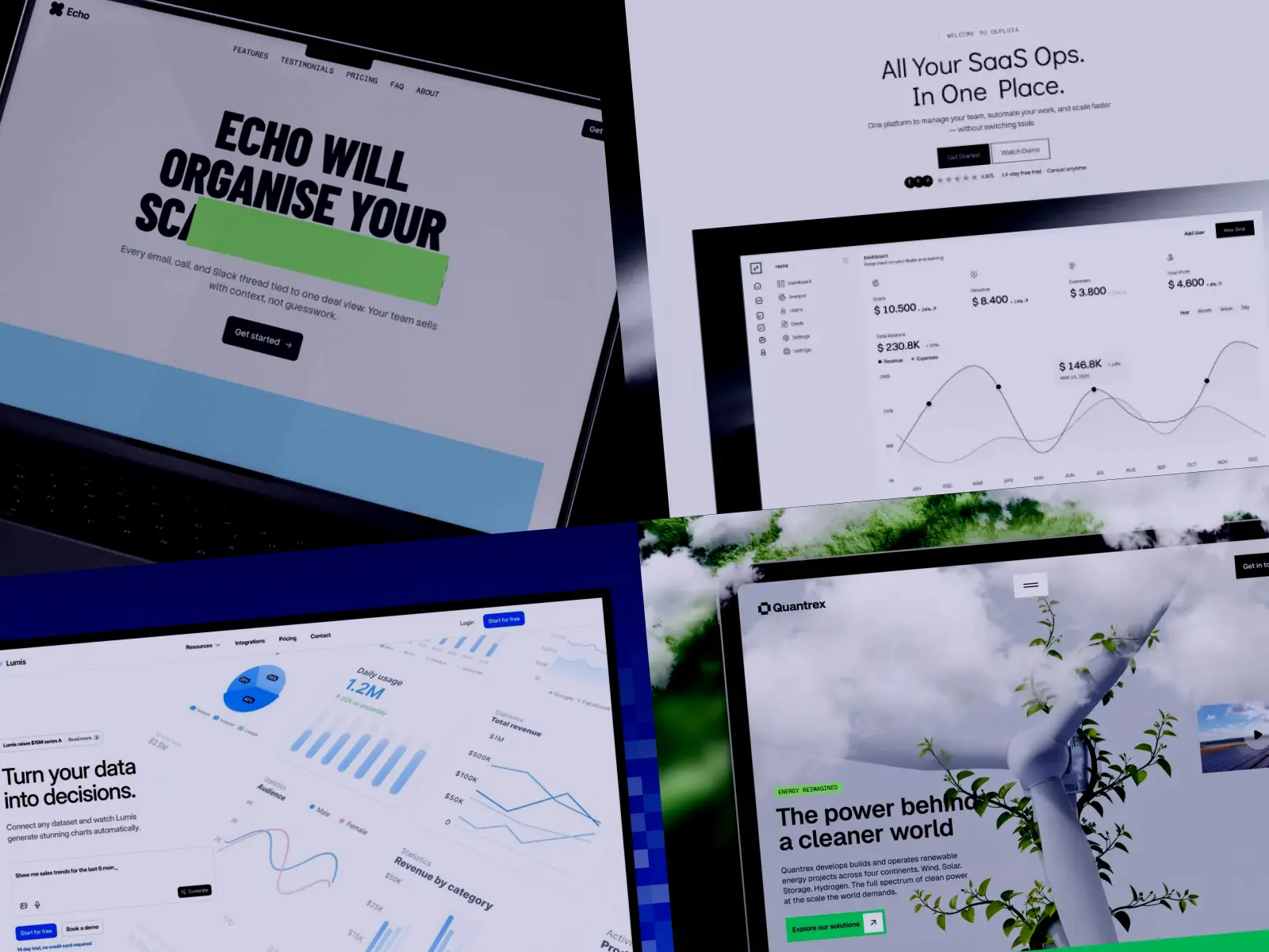 Collage of selected website templates for SaaS, AI, and climate-tech startups.